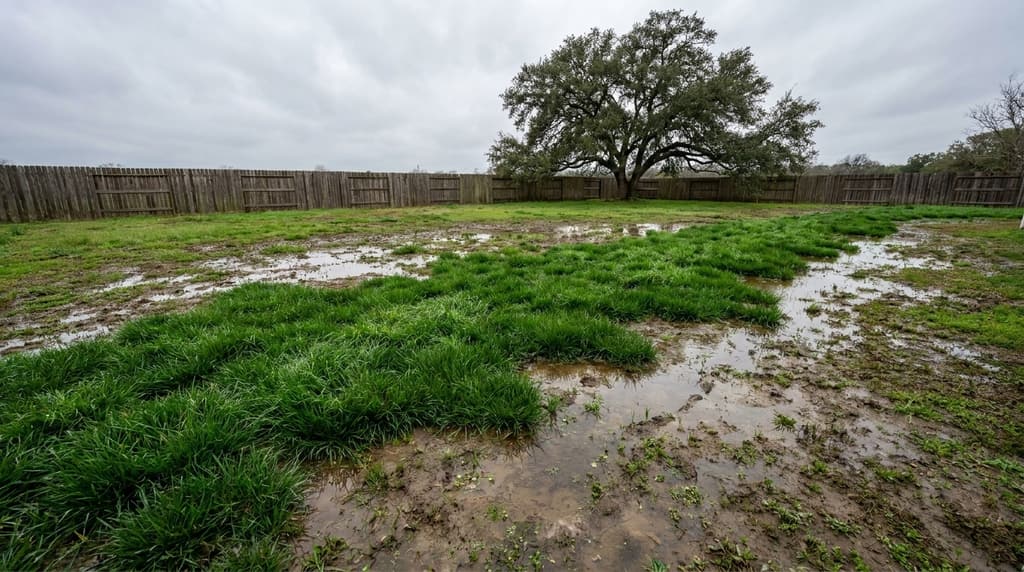 Failing septic drain field with standing water in a Waco, TX backyard